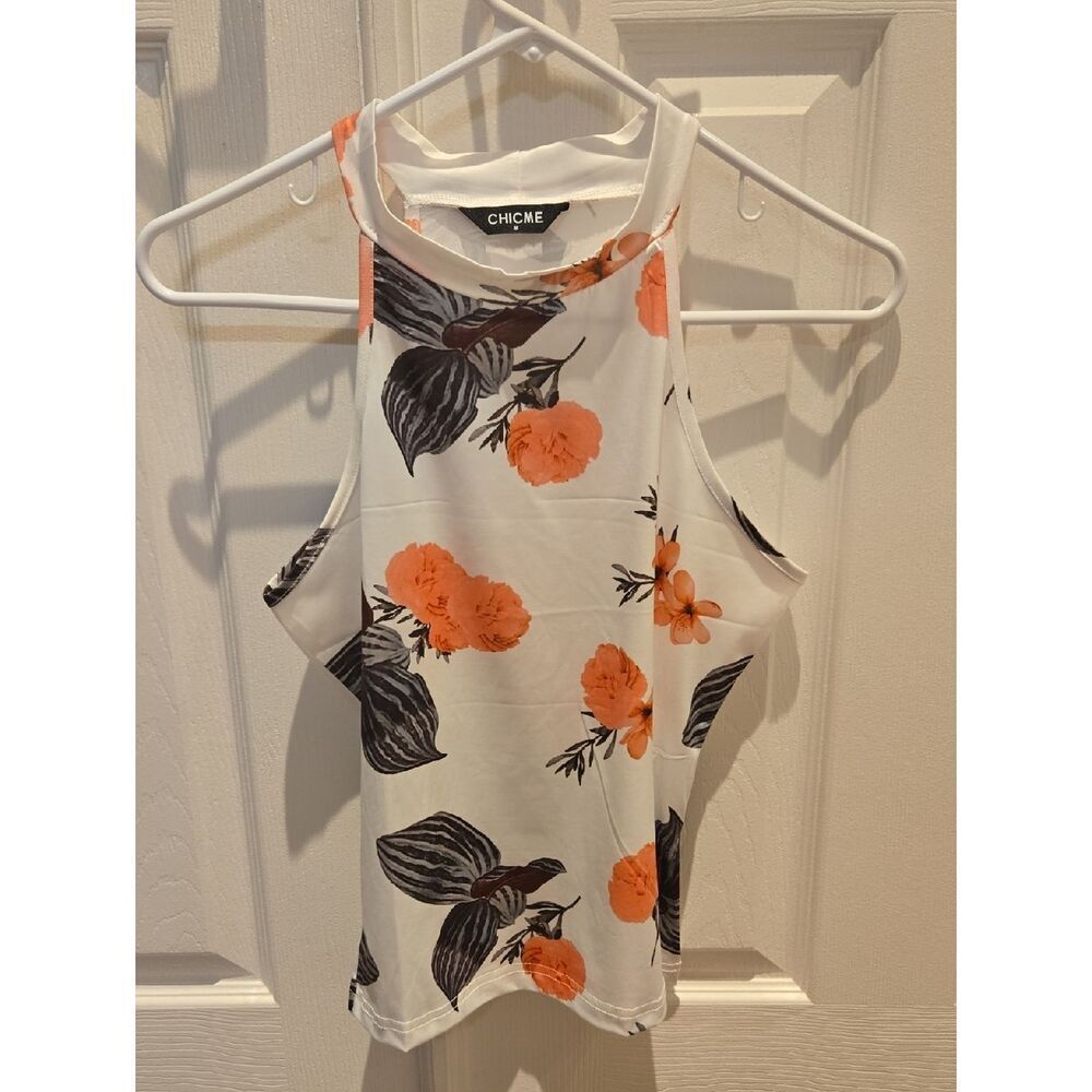 chic White Halter Tank Top with Orange Floral Print